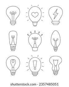 Light bulb. Coloring Page. Hand drawn style. Symbol of creativity, innovation, inspiration, invention and idea. Vector drawing. Collection of design elements.