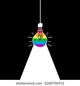 Light bulb with the colours of the pride flag on a black background. Concept of gender equality in business. Creativity and leadership.