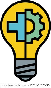 Lâmpada combinando mais sinal ícone de engrenagem. Representa soluções, engenhosidade, indústria. Simboliza conceitos, inovações, resolução de problemas, criatividade