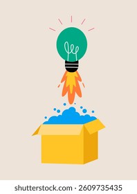Light bulb comes out of the box. Startup launch concept. Colorful vector illustration

