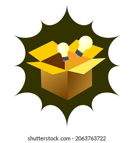 A light bulb comes out of an open brown cardboard box on a dark green splash background. vector illustration for poster, book, banner, etc
