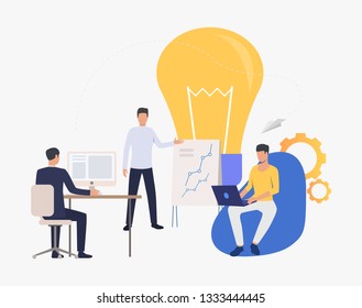 Light bulb and company staff working in office. Idea, planning, analysis concept, presentation slide template. Can be used for topics like business, management, marketing