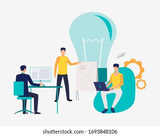 Light bulb and company staff working in office. Idea, planning, analysis concept, presentation slide template. Can be used for topics like business, management, marketing