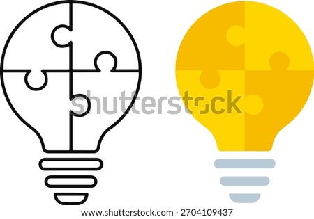 Light bulb composed of four puzzle pieces, flat solution vector icon set