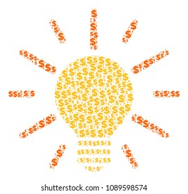 Light bulb composition of dollars and circle spots. Vector dollar currency icons are combined into light bulb illustration.