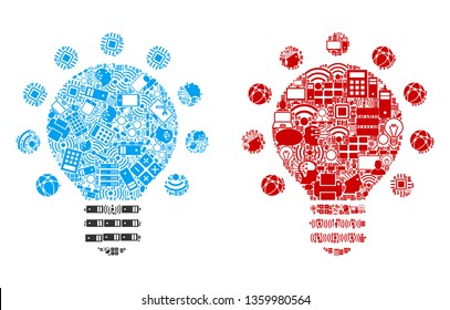 Light Bulb composition icons constructed for bigdata illustrations. Vector light bulb mosaics are combined from computer, calculator, connections, wi-fi, network icons into abstract collages.