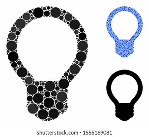 Light bulb composition of small circles in variable sizes and shades, based on light bulb icon. Vector small circles are combined into blue mosaic. Dotted light bulb icon in usual and blue versions.