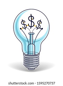 Light bulb concept with dollar sign instead of tungsten wire, financial idea for business, beautiful vector illustration.