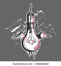 Light bulb concept in graffiti style with wings and heart, vector illustration.