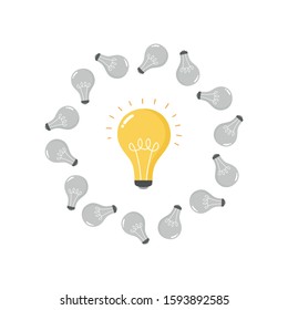 Light bulb with concept of idea. cartoon hand drawn sign logo. Vector Illustration