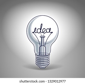 Light bulb concept with idea word instead of tungsten wire, beautiful vector illustration.