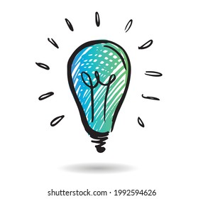 Bombilla. Concepto e ideas, ilustración a mano. Vector.