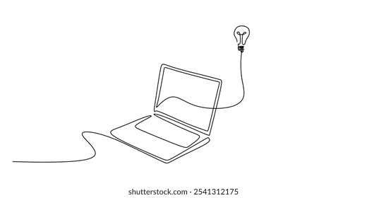 Light bulb connected to a laptop screen in a continuous one line drawing. Concept focusing on ideas. Minimalist hand-drawn vector design.