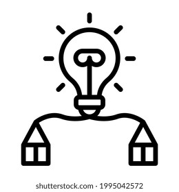 Bombilla conectada con lápices, icono de la escritura creativa