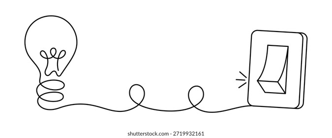 Bombilla conectada al interruptor de pared que simboliza el control de ideas, la toma de decisiones, encender o apagar pensamientos, enfoque, conciencia, claridad mental, concepto de psicología y elección consciente