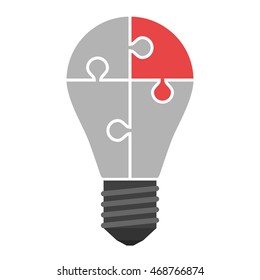 Light bulb consisting of colored puzzle pieces on blue background. Inspiration, idea and insight concept. Flat design. Vector illustration. EPS 8, no transparency