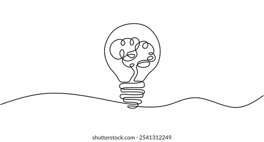 Light bulb containing a brain in a continuous one line drawing. Concept of creative ideas. Hand-drawn minimalist vector illustration.