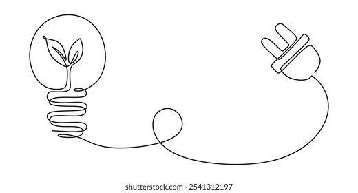 Light bulb containing leaves and connected to an electrical plug in a continuous one line drawing. Go green energy concept. Hand-drawn minimalist vector illustration.