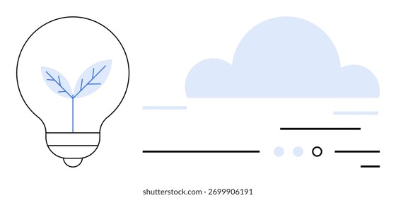 Lâmpada contendo uma planta que simboliza o crescimento ao lado de uma forma de nuvem. Ideal para a sustentabilidade, tecnologia ecológica, inovação, proteção ambiental, energia renovável, ideias criativas