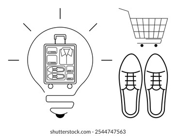 A light bulb containing a well-organized suitcase with neatly packed clothing. Nearby are a shopping cart and a pair of shoes. Ideal for travel planning, packing tips, online shopping, organization