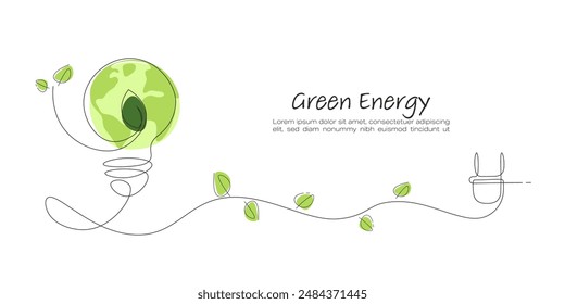 Light Bulb. Continuous line art drawing. Green leaf in the lightbulb with the earth. Ecology and Environment concept.  Line art vector illustration.