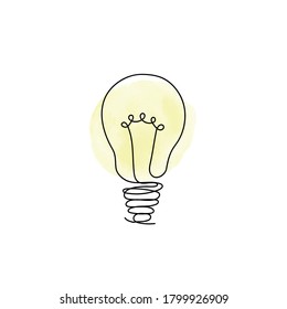 Light Bulb In Continuous Line With Watercolor.