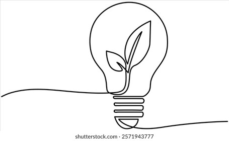 Light bulb continuous one line drawing illustration. single line drawing of green plant in light bulb