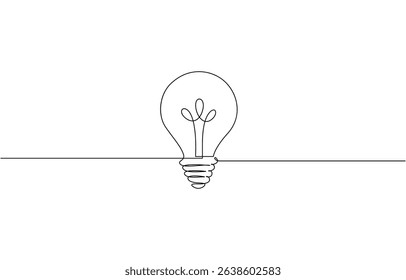 Light bulb continuous one line drawing. Light bulb in simple linear style. Drawing of an electric light bulb with continuous line, Continuous one line drawing light bulb, Editable line.