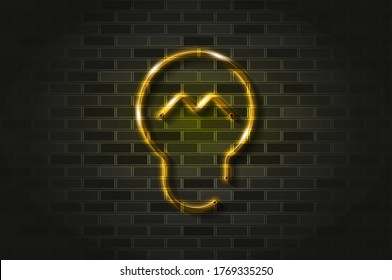Bombilla clara, idea creativa signo de neón amarillo brillante o tubo de vidrio. Ilustración vectorial realista. Muro de ladrillo negro, sombra suave.