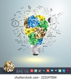 Light bulb crumpled paper with creative drawing business success strategy plan idea, Inspiration concept modern design template workflow layout, diagram, step up options, Vector illustration
