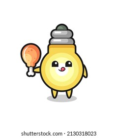 light bulb cute mascot is eating a fried chicken , cute style design for t shirt, sticker, logo element