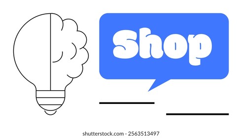 Light bulb design beside a blue speech bubble with Shop text and abstract black lines. Ideal for e-commerce, marketing, business ideas, innovation, and online stores. Simple minimalistic style