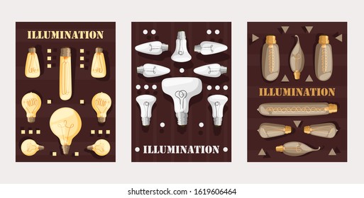 Light bulb design, set of banners, vector illustration. Decorative illumination, modern glass lamp collection. Light bulb store catalog cover, brochure template, advertising campaign flyer or booklet