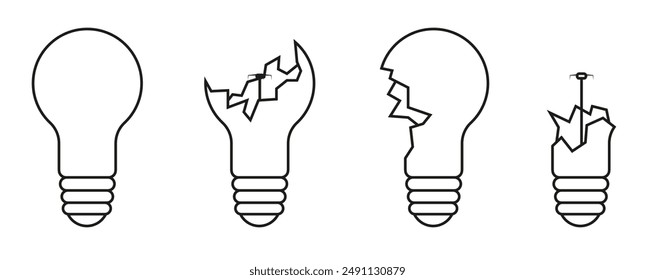 The light bulb is destroyed by a thin line. Broken lamp concept. A whole light bulb, a broken light bulb. EPS 10.