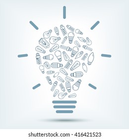 Light bulb with different lamp inside. Vector illustration.