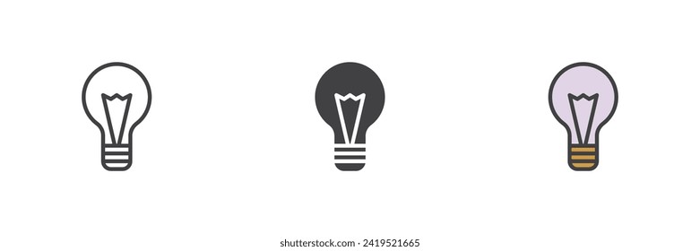 Light bulb different style icon set. Line, glyph and filled outline colorful version, outline and filled vector sign. Ides Symbol, logo illustration. Vector graphics