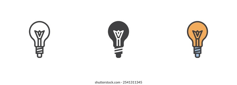 Light bulb different style icon set. Line, glyph and filled outline colorful version, outline and filled vector sign. Lamp, idea symbol, logo illustration. Vector graphics