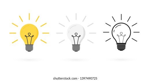 Light bulb in different styles: vector, linear and flat. Light Bulb line icon.