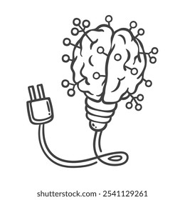 Light bulb with digital brain of AI line icon. Outline hand drawn vintage lamp with plug and circuit. Artificial intelligence, smart idea mascot, sketch of creative lightbulb icon vector illustration