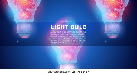 Bombilla de luz en estilo de estructura de alambre digital, moderno bajo poli en fondo azul adecuado para conceptos creativos, innovación, ideas, soluciones, desarrollos tecnológicos y lluvia de ideas.