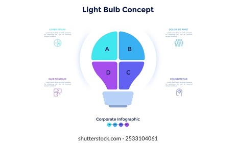 Die Glühbirne ist in 4 farbenfrohe Teile unterteilt. Konzept von vier Schritten kreativer oder innovativer Geschäftsidee. Vorlage für firmeneigene Infografik. Moderne Vektorgrafik zur Darstellung.