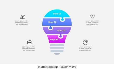 Lâmpada dividida em quatro seções de quebra-cabeça, acompanhada por ícones de negócios. As cores vibrantes e o layout enfatizam o fluxo de trabalho de etapas e a visualização de ideias. Modelo infográfico