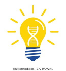 A light bulb with DNA double helix inside, surrounded by yellow rays, symbolizing genetic ideas.