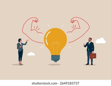 Lâmpada fazendo um gesto forte. Poder de ideia. Lâmpada bonita confiante, alta estima. Visão para descobrir nova solução ou ideia, curiosidade, procurando por conceito de sucesso. Ilustração de vetor plano