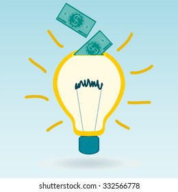 Light Bulb With Dollar Bills. Investments In Power Generation, Electricity, Payment Of New Ideas.