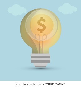 Bombilla de luz con una moneda de dólar adentro, dinero y concepto de poder
