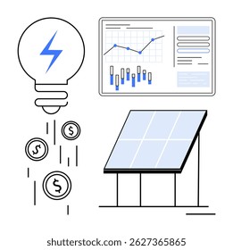 Light bulb with dollar coins, solar panel, and data chart. Ideal for renewable energy, cost savings, financial growth, solar power, energy efficiency, environmental sustainability, economic analysis