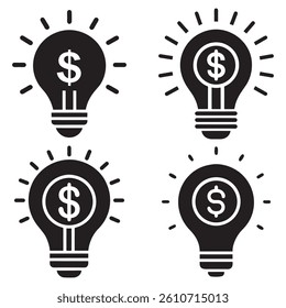 Light bulb with dollar icon set. Dollar in light bulb icons. Lamp with dollar icons, Financial Idea Light Bulbs  Silhouette  Vector Illustration