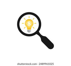 light bulb with dollar sign and idea checking icon inside magnifying glass, Search money idea vector icon