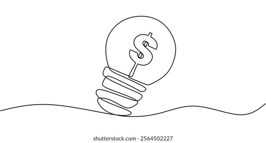 A light bulb with a dollar sign inside, symbolizing ideas that lead to financial prosperity. One line drawing for business and finance. Vector illustration hand drawn.